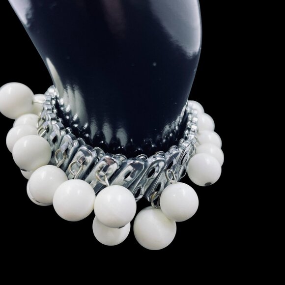 Chunky Silver Chain Bracelet White Beaded Stretch Statement Bold Modern Chic - Picture 4 of 9